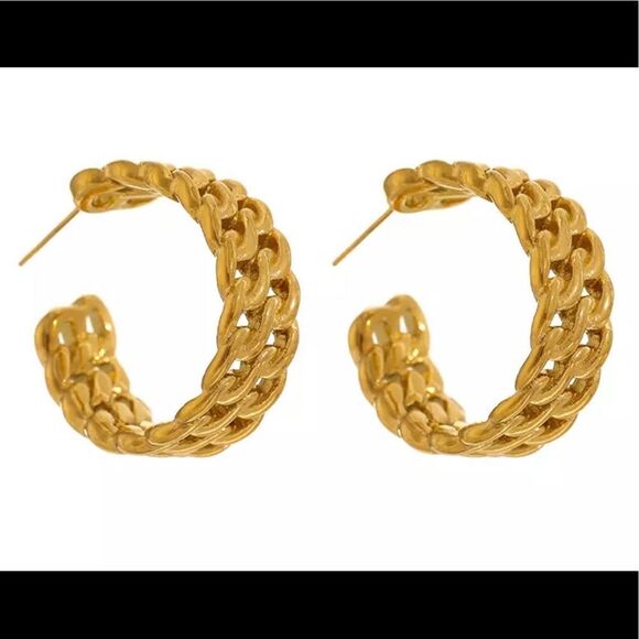 New 18k Gold Chunky Wide Hoop Earrings - Picture 1 of 5